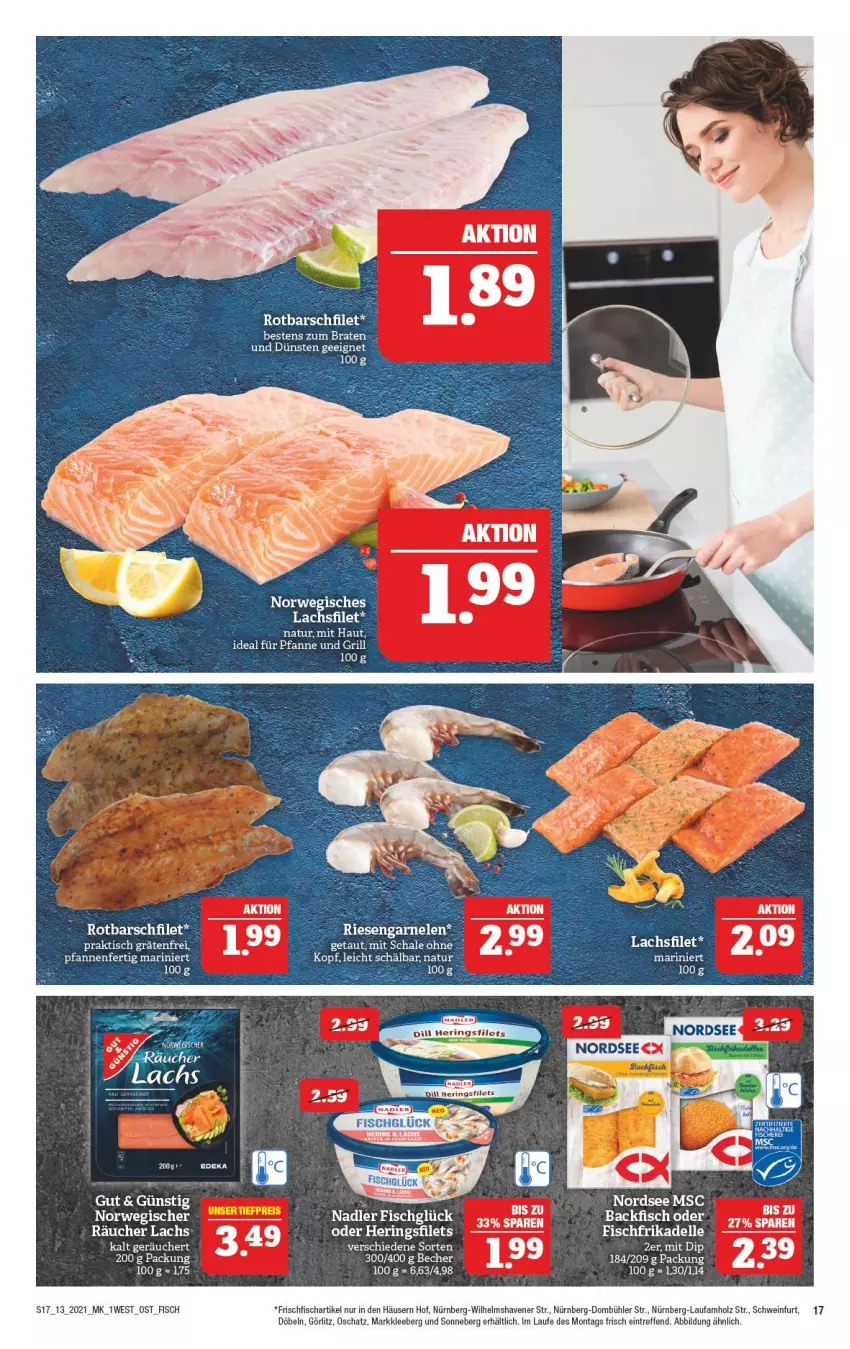 Aktueller Prospekt Marktkauf - Prospekt - von 28.03 bis 03.04.2021 - strona 17 - produkty: aeg, backfisch, braten, deka, dell, dip, eier, eis, elle, filet, filets, fisch, frischfisch, hering, Herings, heringsfilets, Holz, lachs, lachsfilet, nadler, Nordsee, ring, Rotbarsch, rotbarschfilet, rwe, Schal, Schale, schwein, Ti, wein