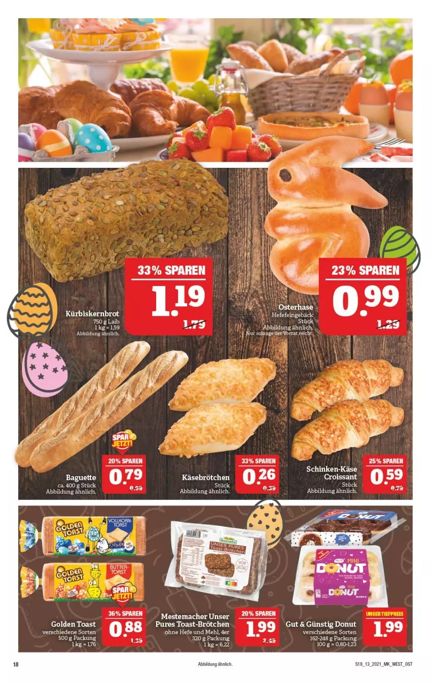 Aktueller Prospekt Marktkauf - Prospekt - von 28.03 bis 03.04.2021 - strona 18 - produkty: baguette, brot, brötchen, Croissant, Donut, golden toast, Hefe, Käse, Kürbis, mac, mestemacher, schinken, Ti, toast