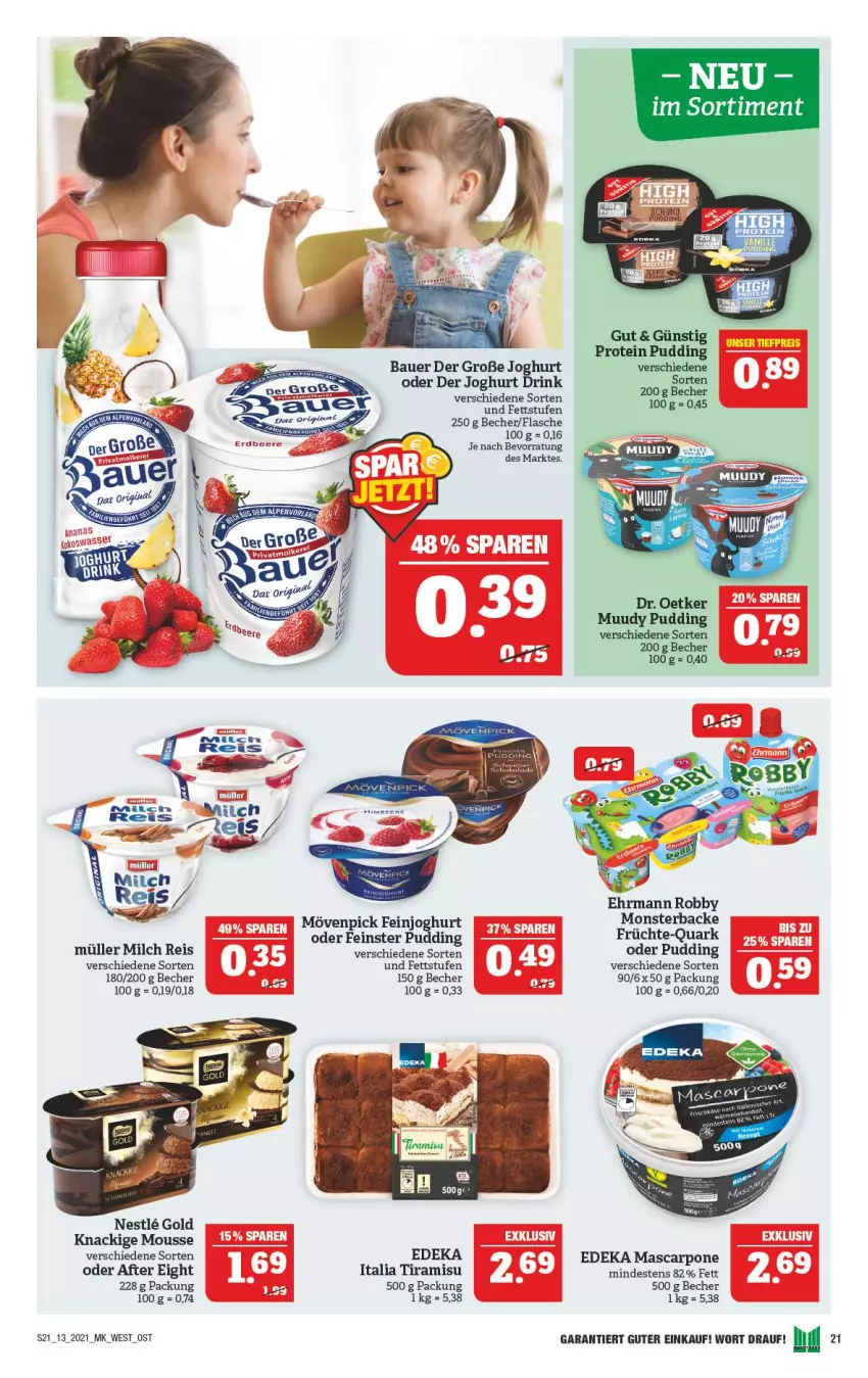 Aktueller Prospekt Marktkauf - Prospekt - von 28.03 bis 03.04.2021 - strona 21 - produkty: after eight, auer, Bau, Bauer, Becher, deka, drink, ehrmann, eis, feinjoghurt, flasche, früchte, joghur, joghurt, Knackige Mousse, mascarpone, milch, monster, mousse, mövenpick, Müller, pudding, quark, reis, robby, Ti, tiramisu