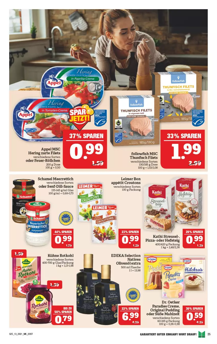 Aktueller Prospekt Marktkauf - Prospekt - von 28.03 bis 03.04.2021 - strona 25 - produkty: creme, croutons, deka, Dr. Oetker, droetker, eimer, filet, filets, fisch, followfish, gin, Hefe, hering, Kühne, leimer, meerrettich, olive, oliven, olivenöl, Paradies Creme, pizza, pudding, Rettich, ring, rotkohl, saft, sahne, sauce, schamel, senf, thunfisch, thunfisch filets, Ti