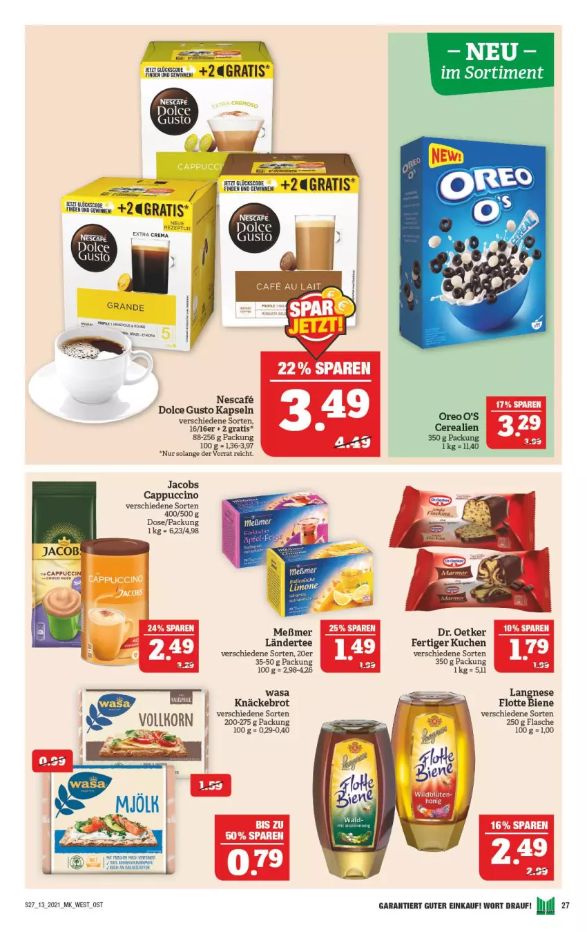 Aktueller Prospekt Marktkauf - Prospekt - von 28.03 bis 03.04.2021 - strona 27 - produkty: Blüte, brot, Cap, cappuccino, cerealien, cin, dolce gusto, Dr. Oetker, flasche, jacobs, knäckebrot, korn, kuchen, Ländertee, langnese, mehl, Meßmer, milch, oreo, rezept, tee, Ti, wasa, Wild