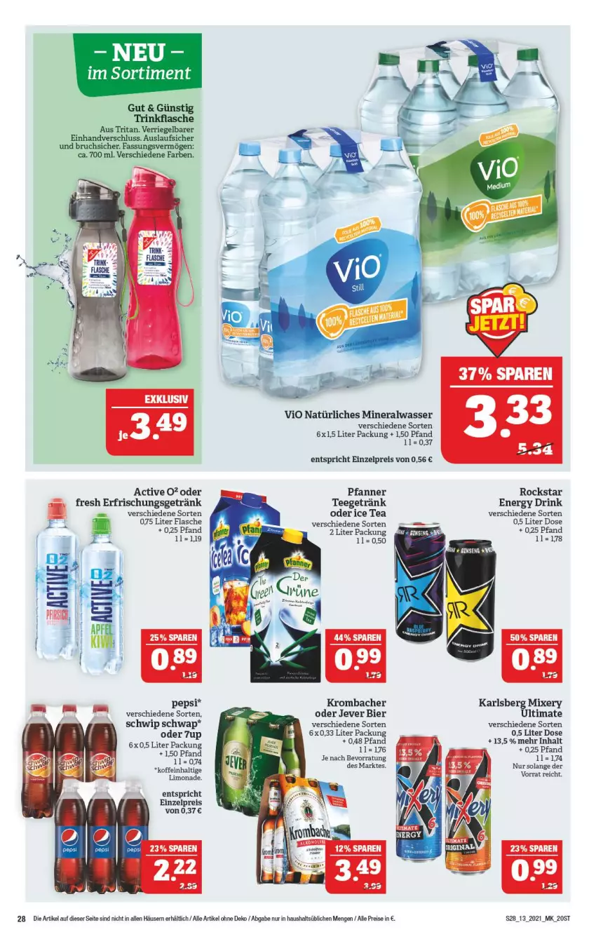 Aktueller Prospekt Marktkauf - Prospekt - von 28.03 bis 03.04.2021 - strona 28 - produkty: Alwa, bier, drink, eis, energy drink, erfrischungsgetränk, flasche, getränk, ice tea, jever, karlsberg, karlsberg mixery, krombache, krombacher, mineralwasser, Mixer, mixery, natürliches mineralwasser, pepsi, pfanne, Pfanner, reis, rel, riegel, Rockstar, Schwip Schwap, tee, Ti, trinkflasche, wasser