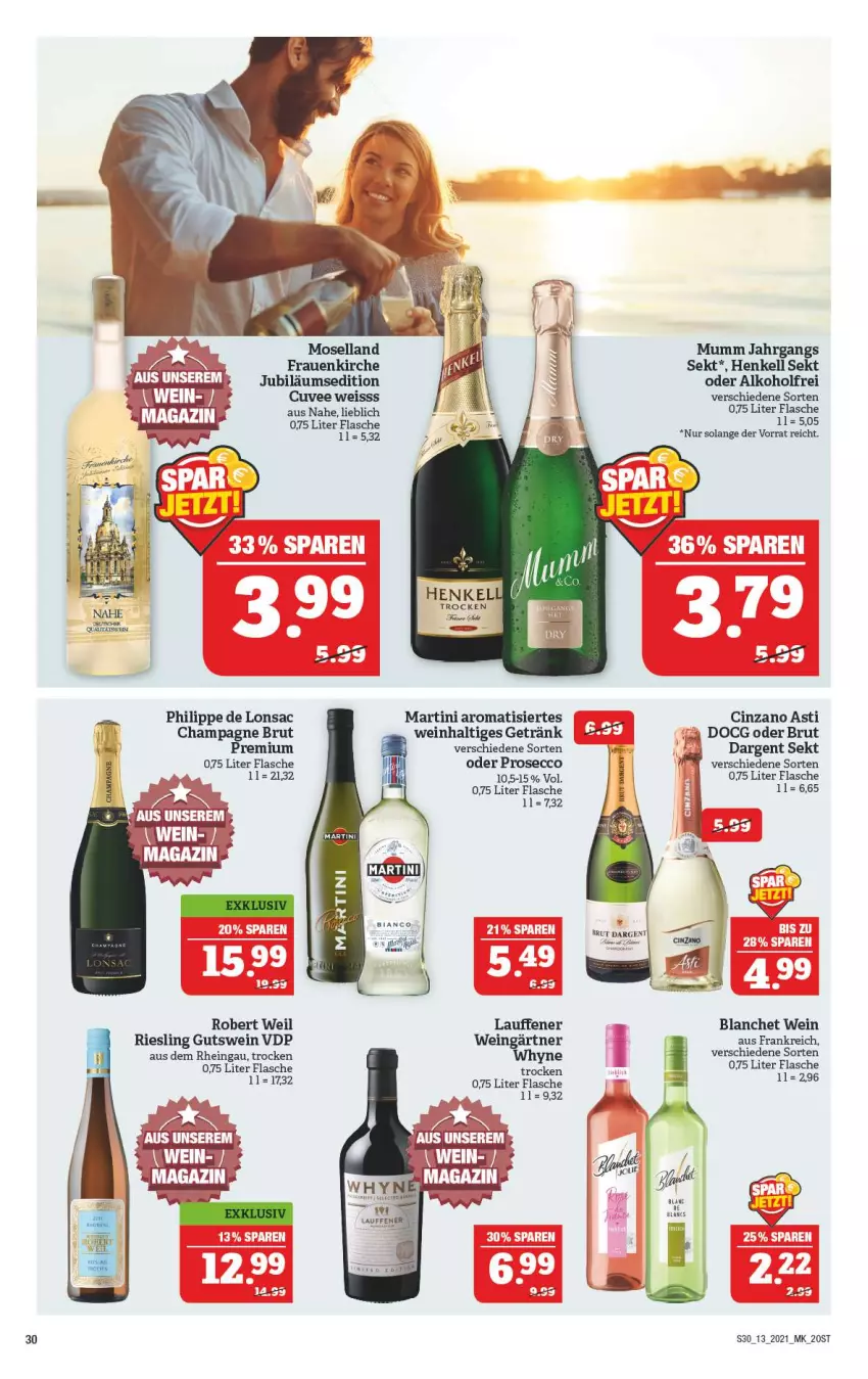 Aktueller Prospekt Marktkauf - Prospekt - von 28.03 bis 03.04.2021 - strona 30 - produkty: alkohol, asti, brut, champagne, cin, cinzano, Cinzano Asti, ecco, eis, flasche, getränk, henkel, henkell, henkell sekt, Jubiläums, martini, moselland, mumm, prosecco, riesling, sac, sekt, Ti, Tiere, wein