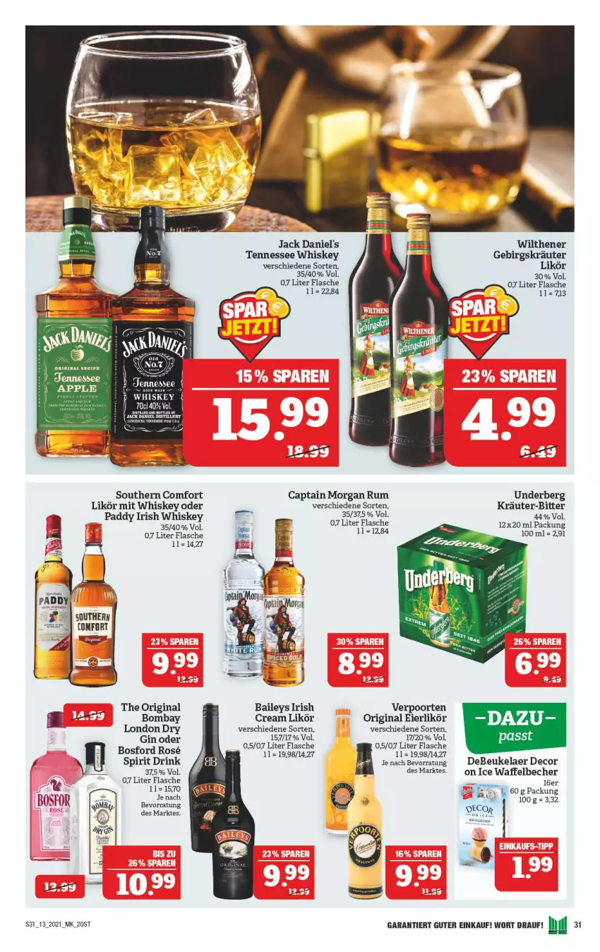 Aktueller Prospekt Marktkauf - Prospekt - von 28.03 bis 03.04.2021 - strona 31 - produkty: Apple, baileys, Becher, Cap, captain morgan, debeukelaer, decor, drink, eier, eierlikör, flasche, gin, irish whiskey, jack daniel, jack daniel's, kräuter, likör, london dry, rum, Southern Comfort, tennessee whiskey, Ti, underberg, verpoorten, whiskey, wilthener