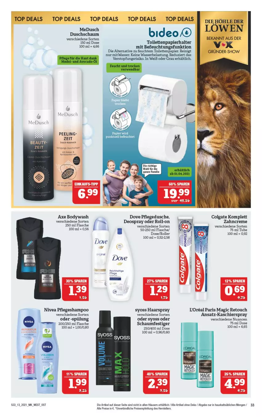 Aktueller Prospekt Marktkauf - Prospekt - von 28.03 bis 03.04.2021 - strona 33 - produkty: aprikose, aprikosen, axe, body, colgate, creme, deo, deospray, dove, dusche, eis, elle, flasche, gin, haarspray, kakao, kosmetik, l'oreal, LG, nivea, Nuance, oder schaumfestiger, papier, Peeling, pflegedusche, reis, roll-on, Roller, schaumfestiger, shampoo, spülung, syoss, teller, Ti, toilettenpapier, topf, wasser, Yo, zahncreme