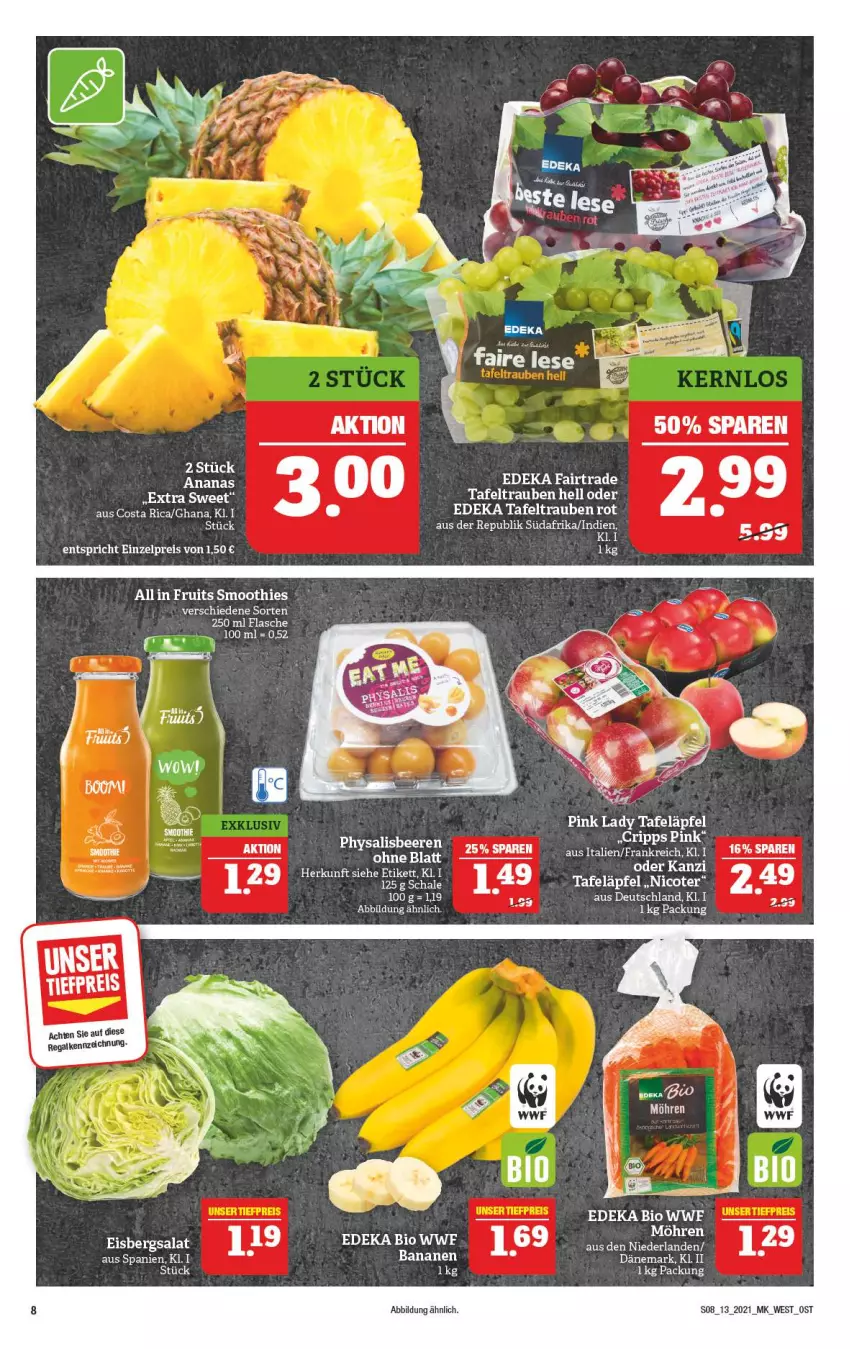 Aktueller Prospekt Marktkauf - Prospekt - von 28.03 bis 03.04.2021 - strona 8 - produkty: ananas, banane, bananen, bio, deka, edeka bio, eis, eisbergsalat, flasche, Pink Lady, regal, salat, Schal, Schale, smoothie, smoothies, tafeläpfel, tafeltrauben, trauben, ZTE