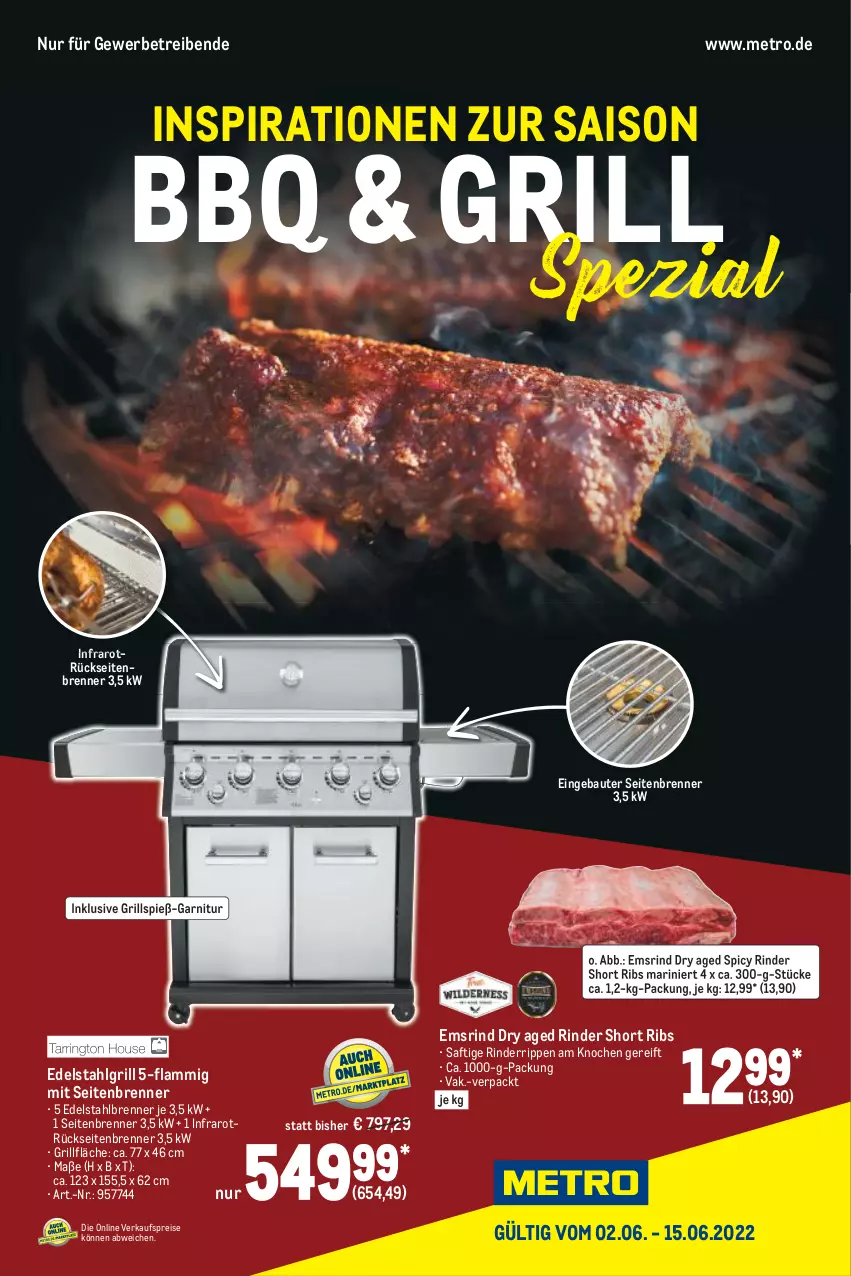 Aktueller Prospekt Metro - BBQ Spezial - von 02.06 bis 15.06.2022 - strona 1 - produkty: Bau, edelstahl, eis, garnitur, grill, grillfläche, lamm, LG, Metro, reis, rind, rinder, Rinderrippen, Rippen, saft, Spezi, Ti