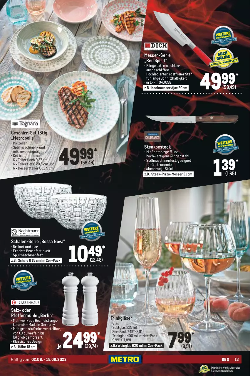 Aktueller Prospekt Metro - BBQ Spezial - von 02.06 bis 15.06.2022 - strona 13 - produkty: ajax, besteck, boss, dessert, Dessertteller, eier, eis, elle, Germ, geschirr, Geschirr-Set, Gläser, Holz, LG, messer, Metro, mikrowelle, pfeffer, Pfeffermühle, pizza, reis, salz, Schal, Schale, sekt, spülmaschinen, steak, steakbesteck, teller, Ti, trinkglas, wein