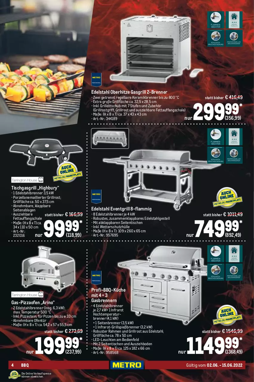 Aktueller Prospekt Metro - BBQ Spezial - von 02.06 bis 15.06.2022 - strona 4 - produkty: edelstahl, eis, gasgrill, grill, grillfläche, grillrost, küche, lamm, LED-Leuchte, Leuchte, leuchten, LG, Ofen, pizza, Pizzaofen, reis, Schal, Schale, schutzhülle, Ti, tisch