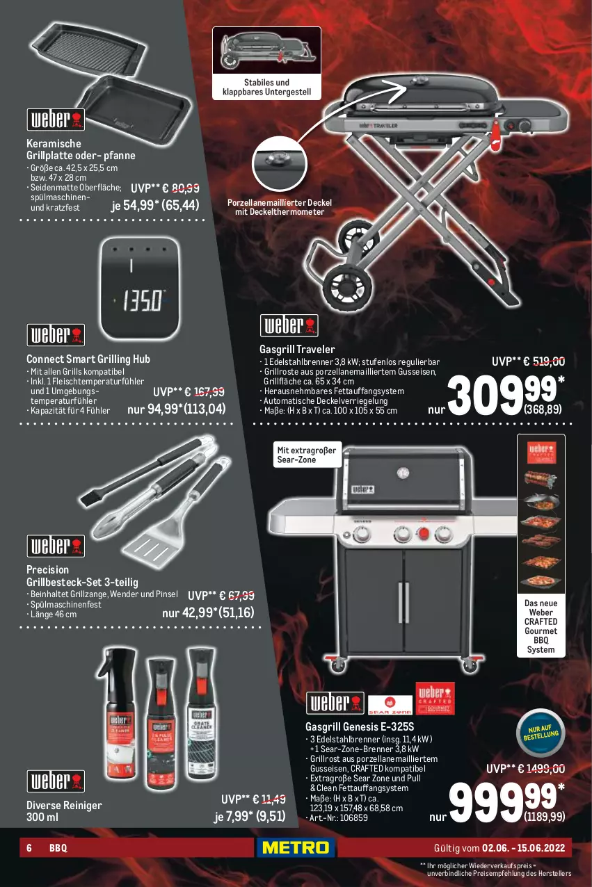 Aktueller Prospekt Metro - BBQ Spezial - von 02.06 bis 15.06.2022 - strona 6 - produkty: auto, besteck, besteck-set, decke, Deckel, edelstahl, eis, elle, fleisch, gasgrill, grill, grillfläche, grillplatte, grillrost, grillzange, latte, pfanne, Pinsel, reiniger, reis, riegel, spülmaschinen, teller, thermometer, Ti, tisch, weber