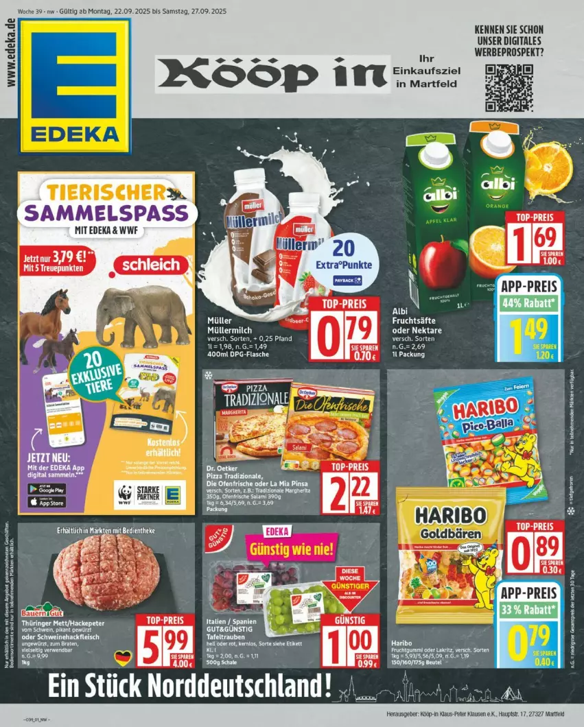 Aktueller Prospekt Edeka - Prospekte - von 22.09 bis 27.09.2025 - strona 1 - produkty: deka, eis, flasche, frucht, fruchtsäfte, LG, margherita, milch, Müller, müllermilch, reis, rwe, säfte, Schal, Schale, schwein, tafeltrauben, tee, Ti, top-preis, trauben, wein
