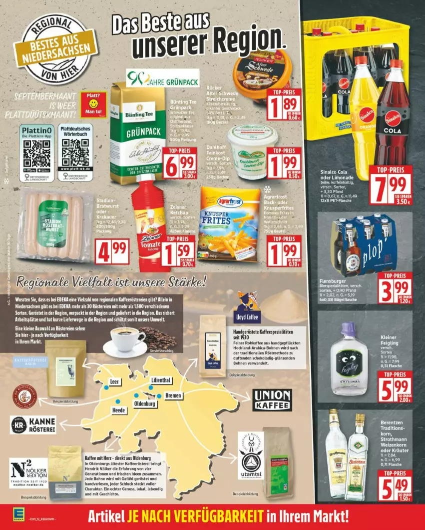 Aktueller Prospekt Edeka - Prospekte - von 22.09 bis 27.09.2025 - strona 12 - produkty: berentzen, bohne, bohnen, cola, deka, elle, hochland, kaffee, kaffeespezialitäten, korn, leine, LG, nuss, rel, ring, sac, schoko, sinalco, Spezi, tee, Ti