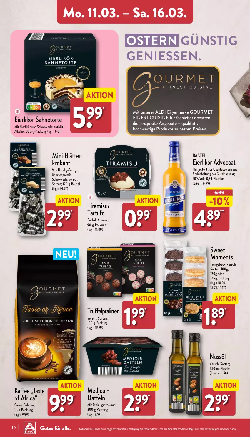 Aktueller Prospekt Aldi Nord - Von Montag - von 11.03 bis 16.03.2024 - strona 10 - produkty: aldi, alkohol, angebot, angebote, beutel, bohne, bohnen, Datteln, eier, eierlikör, eis, flasche, gin, kaffee, likör, nuss, pralinen, reis, sahne, schoko, schokolade, Tartufo, Ti, tiramisu, torte, Trüffel, ZTE