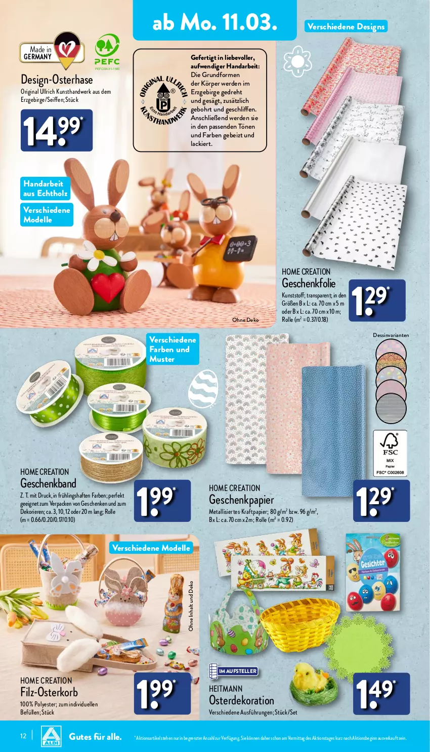 Aktueller Prospekt Aldi Nord - Von Montag - von 11.03 bis 16.03.2024 - strona 12 - produkty: dekoration, dell, elle, erde, Germ, Geschenkpapier, gin, heitmann, Holz, korb, kraft, lack, Mode, papier, Ria, teller, Ti, ZTE