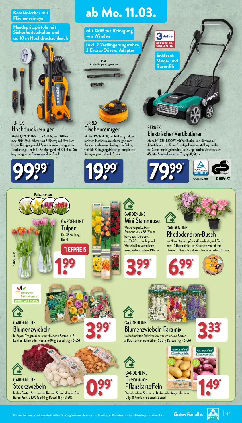 Aktueller Prospekt Aldi Nord - Von Montag - von 11.03 bis 16.03.2024 - strona 15 - produkty: adapter, ball, beutel, blume, blumen, Blüte, Brei, bügel, bürste, dahlie, dell, eis, ferrex, gin, Gladiolen, hochdruckreiniger, kartoffel, kartoffeln, kulturtopf, Mode, papier, pflanze, rasen, reiniger, Reinigung, Reinigungsmittel, reis, Ria, Schal, schlauch, senf, Tasche, Ti, tiefpreis, Tiere, topf, tragegriff, tragetasche, Vase, wasser, wasserfilter, ZTE, zwiebel, zwiebeln