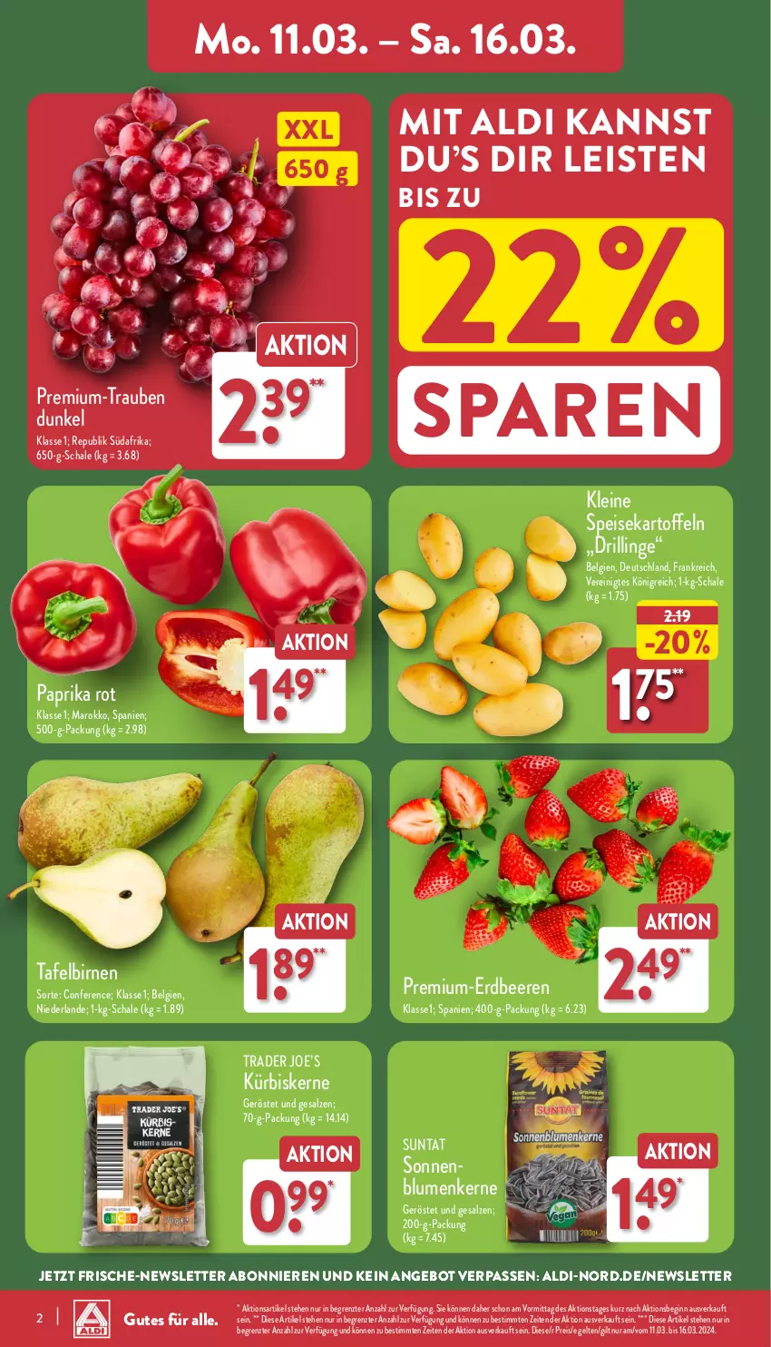 Aktueller Prospekt Aldi Nord - Von Montag - von 11.03 bis 16.03.2024 - strona 2 - produkty: aldi, angebot, beere, beeren, Birnen, blume, blumen, eis, erdbeere, erdbeeren, gin, kartoffel, kartoffeln, Kürbis, kürbiskerne, leine, LG, paprika, paprika rot, reis, salz, Schal, Schale, speisekartoffeln, tafelbirnen, Ti, trauben, ZTE