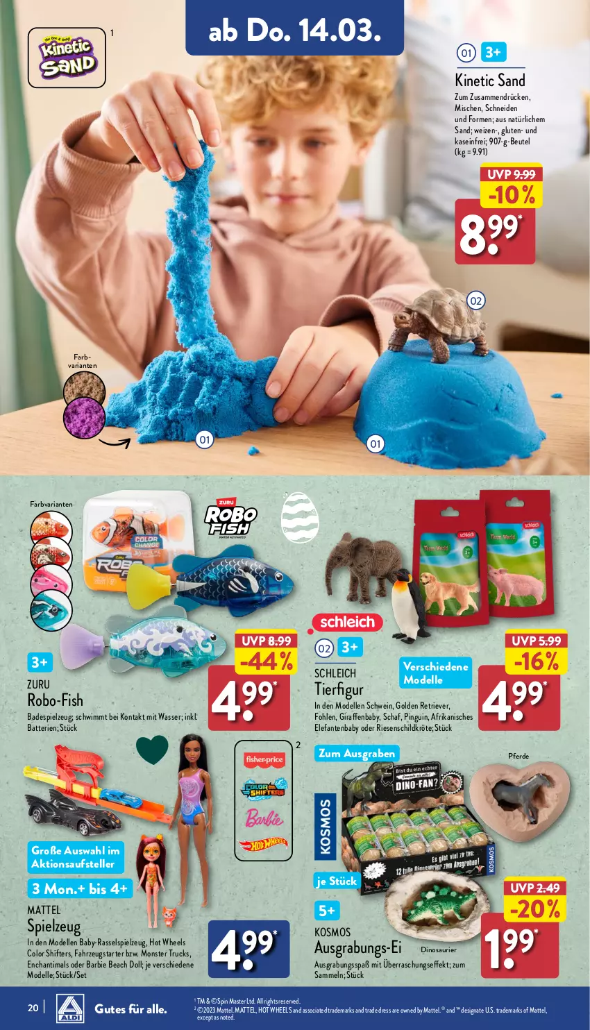 Aktueller Prospekt Aldi Nord - Von Montag - von 11.03 bis 16.03.2024 - strona 20 - produkty: Bad, Barbie, batterie, batterien, beutel, dell, Elefant, elle, erde, Hot Wheels, Mattel, Mode, monster, Monster Truck, pingui, Ria, Schleich, schwein, spielzeug, teller, Ti, wasser, wein