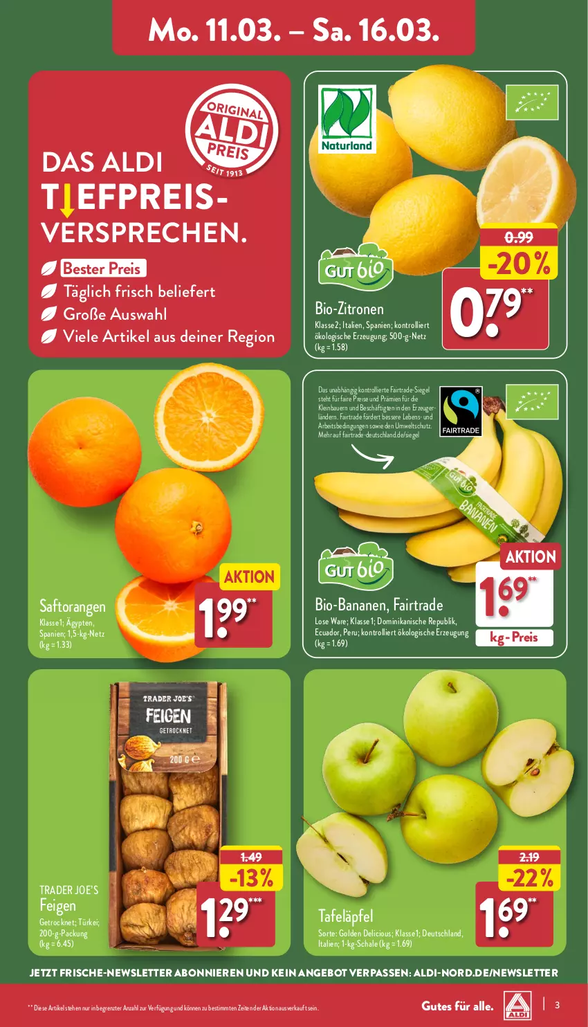 Aktueller Prospekt Aldi Nord - Von Montag - von 11.03 bis 16.03.2024 - strona 3 - produkty: aldi, angebot, auer, banane, bananen, Bau, Bauer, bio, eis, Feigen, orange, orangen, reis, saft, Saftorangen, Schal, Schale, tafeläpfel, Ti, trolli, zitrone, zitronen, ZTE