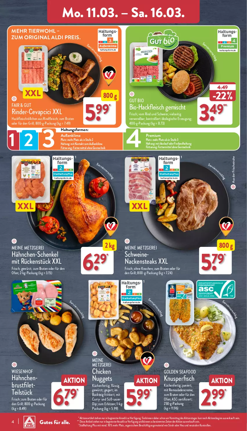 Aktueller Prospekt Aldi Nord - Von Montag - von 11.03 bis 16.03.2024 - strona 4 - produkty: aldi, auer, bio, Bio-Hackfleisch, braten, brustfilet, cevapcici, creme, curry, dip, eis, ente, filet, fisch, fleisch, gewürz, gin, grill, hackfleisch, hackfleisch gemischt, hähnchen-schenkel, henkel, Heu, küche, Küchen, Nackensteak, nackensteaks, nuggets, Ofen, reis, remoulade, Ria, rind, rinder, rindfleisch, rwe, schenkel, schwein, schweine, schweinenacken, steak, steaks, Ti, trolli, wein, weine, wiesenhof, ZTE