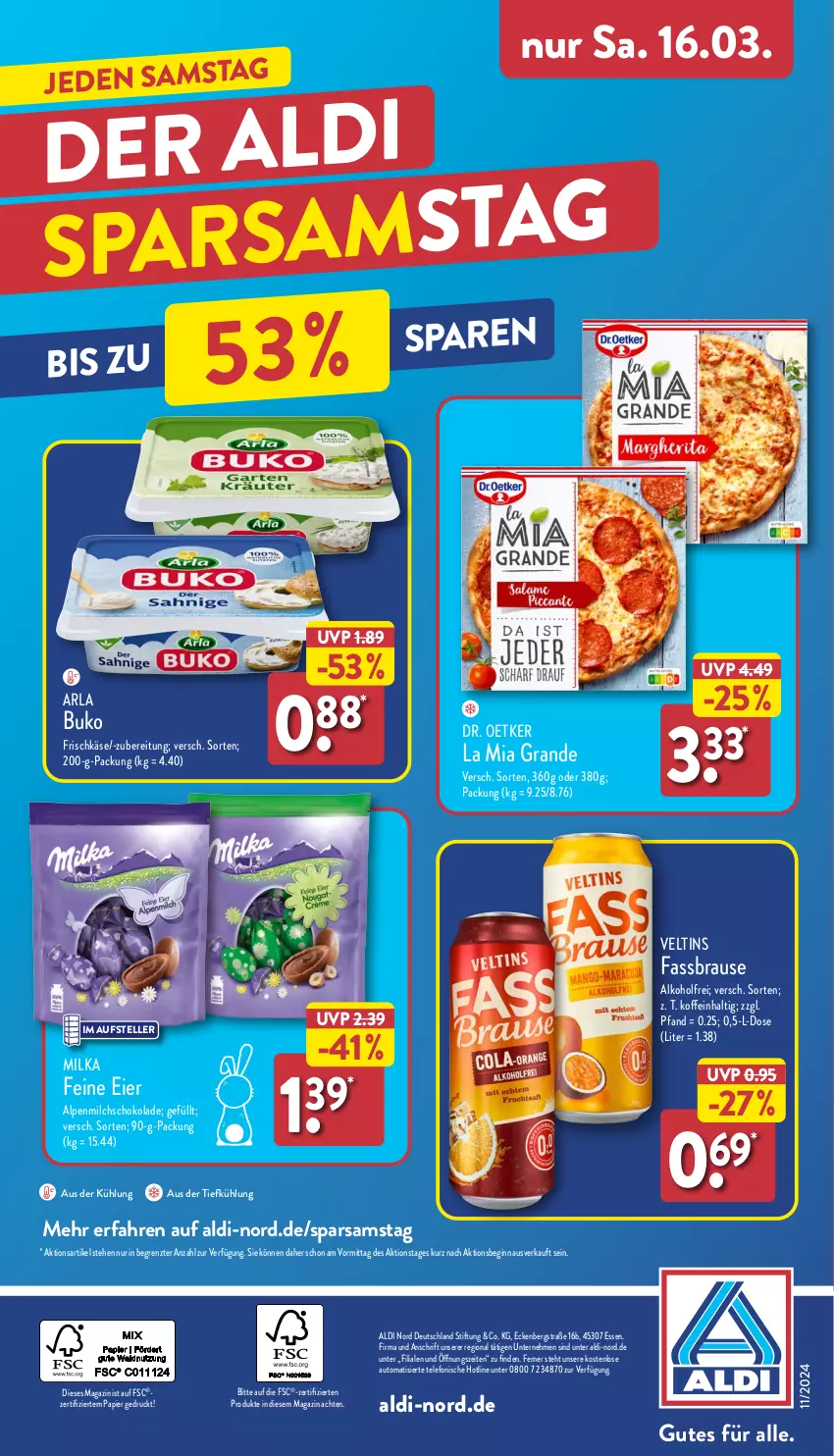 Aktueller Prospekt Aldi Nord - Von Montag - von 11.03 bis 16.03.2024 - strona 41 - produkty: aldi, alkohol, alpenmilch, arla, arla buko, aus der tiefkühlung, auto, brause, Buko, Dr. Oetker, eier, elle, fassbrause, frischkäse, gin, Käse, magazin, milch, milka, papier, schoko, schokolade, telefon, teller, Ti, veltins, ZTE