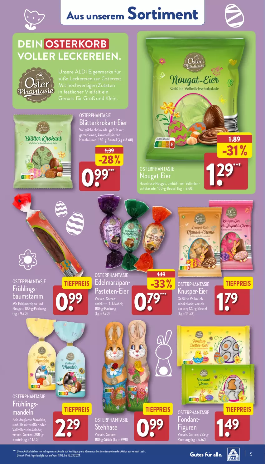 Aktueller Prospekt Aldi Nord - Von Montag - von 11.03 bis 16.03.2024 - strona 5 - produkty: aldi, alkohol, Bau, beutel, Edelmarzipan, eier, eis, haselnuss, karamell, korb, mandel, mandeln, marzipan, milch, nuss, pastete, reis, schoko, schokolade, Ti, tiefpreis, vollmilch, ZTE