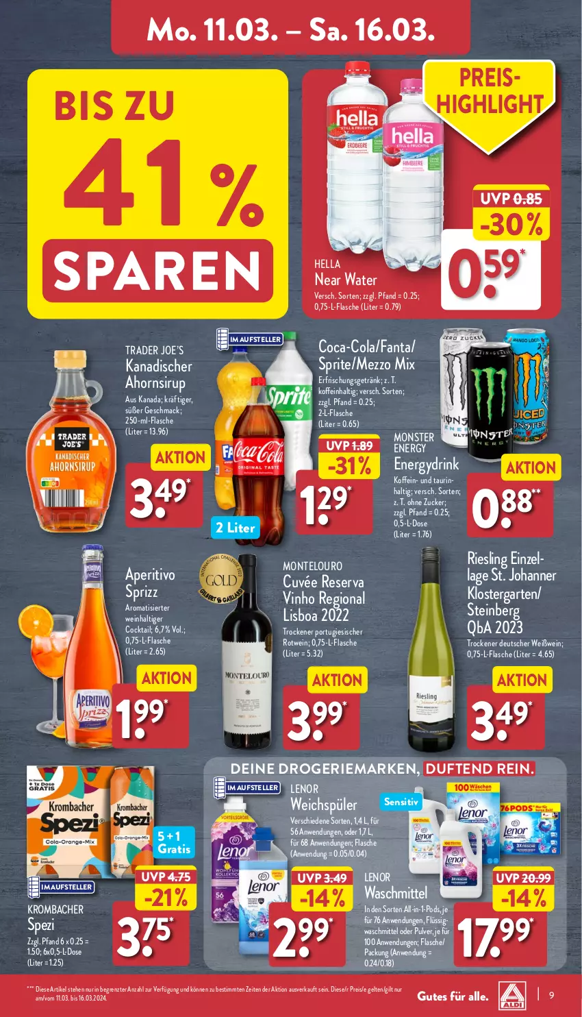 Aktueller Prospekt Aldi Nord - Von Montag - von 11.03 bis 16.03.2024 - strona 9 - produkty: coca-cola, cocktail, cola, cuvée, drink, eis, elle, erfrischungsgetränk, fanta, flasche, Garten, getränk, hella, krombache, krombacher, lenor, lenor waschmittel, lenor weichspüler, mac, Mezzo Mix, monster, Monster Energy, monte, Pods, reis, riesling, rotwein, sirup, Spezi, sprite, Sprizz, teller, Ti, waschmittel, weichspüler, wein, Weißwein, ZTE, zucker