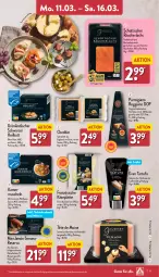 Gazetka promocyjna Aldi Nord - Von Montag - Gazetka - ważna od 16.03 do 16.03.2024 - strona 11 - produkty: aqua, aus der tiefkühlung, buch, cheddar, gin, hartkäse, Holz, italienischer hartkäse, Jura, Käse, lachs, latte, messer, milch, Muscheln, parmigiano, parmigiano reggiano, Rauch, Räucherlachs, reggiano, rohschinken, sauce, schinken, schott, schweizer hartkäse, serrano, Spezi, Tartufo, Tête de Moine, Ti, tisch, Trüffel, wein, Weißwein, ZTE