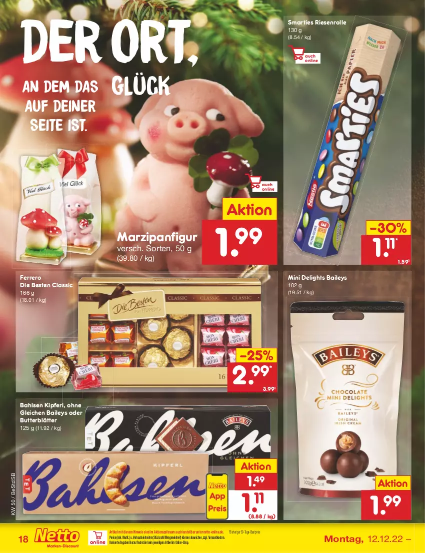 Aktueller Prospekt Netto Marken-Discount - Filial-Angebote - von 12.12 bis 17.12.2022 - strona 18 - produkty: bahlsen, baileys, bestpreis, butter, eis, ferrero, marzipan, ndk, reis, smarties, Ti