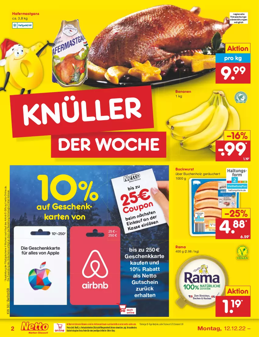 Aktueller Prospekt Netto Marken-Discount - Filial-Angebote - von 12.12 bis 17.12.2022 - strona 2 - produkty: banane, bananen, bestpreis, bockwurst, buch, eis, gutschein, gutscheine, hafer, Holz, LG, ndk, rama, reis, tee, Ti, wurst