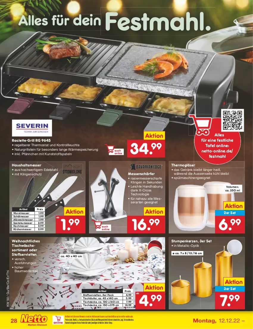 Aktueller Prospekt Netto Marken-Discount - Filial-Angebote - von 12.12 bis 17.12.2022 - strona 28 - produkty: Bau, decke, edelstahl, eis, getränk, Gläser, grill, kerze, küche, Küchen, Läufer, Leuchte, messer, natur, ndk, reis, Serviette, servietten, spülmaschinen, Thermogläser, thermostat, Ti, tisch, tischdecke, tischläufer, Tischwäsche, weck, weihnachten, wurst