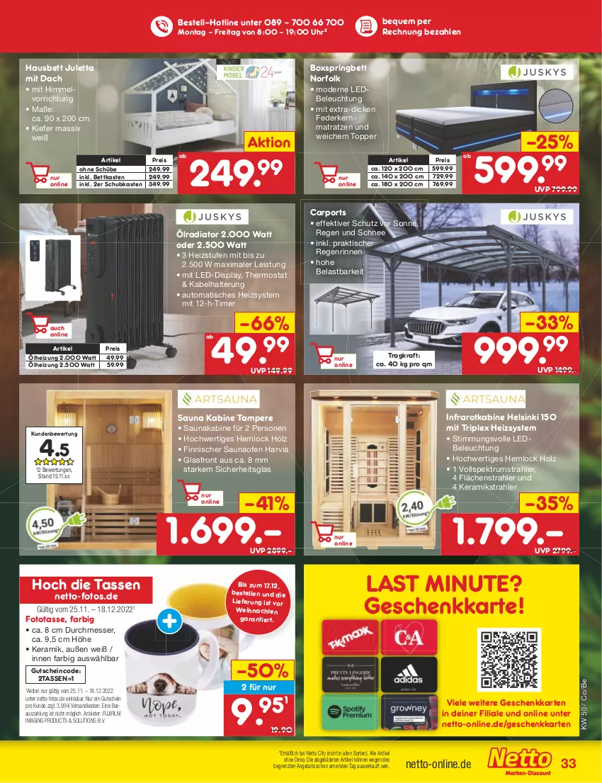 Aktueller Prospekt Netto Marken-Discount - Filial-Angebote - von 12.12 bis 17.12.2022 - strona 33 - produkty: angebot, auto, beleuchtung, bett, bettkasten, boxspringbett, Carport, eis, elle, federkern, federkernmatratze, gin, gutschein, Holz, kernmatratze, kraft, matratze, matratzen, messer, Mode, ndk, Ofen, reis, ring, rum, schubkasten, Spektrum, tasse, thermostat, Ti, timer, tisch, topper, uhr, usb, weihnachten, ZTE