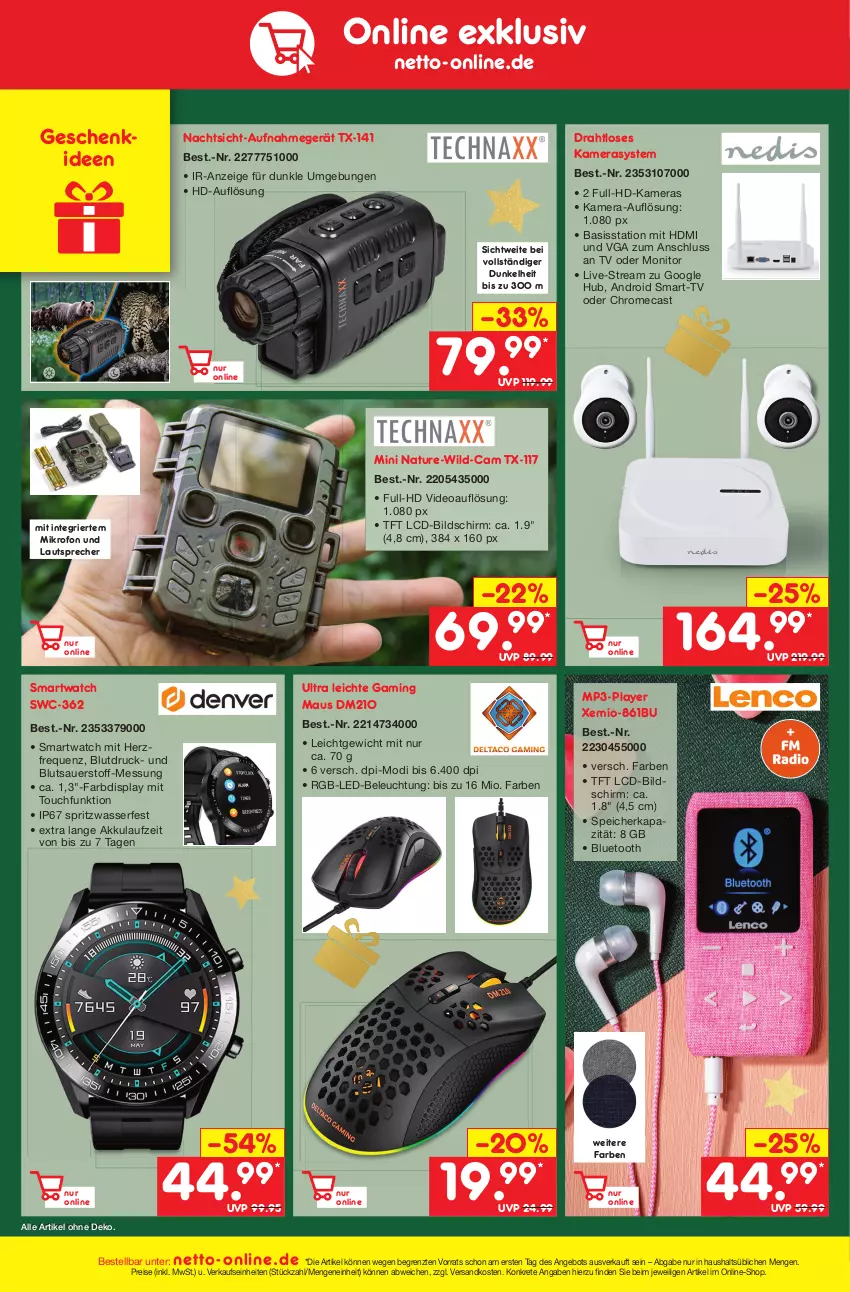 Aktueller Prospekt Netto Marken-Discount - Filial-Angebote - von 12.12 bis 17.12.2022 - strona 48 - produkty: akku, angebot, auer, beleuchtung, deo, Draht, eis, gaming maus, HDMI, kamera, Kameras, lautsprecher, led-beleuchtung, Maus, monitor, Mp3, natur, ndk, reis, smartwatch, Ti, wasser, Wild, ZTE