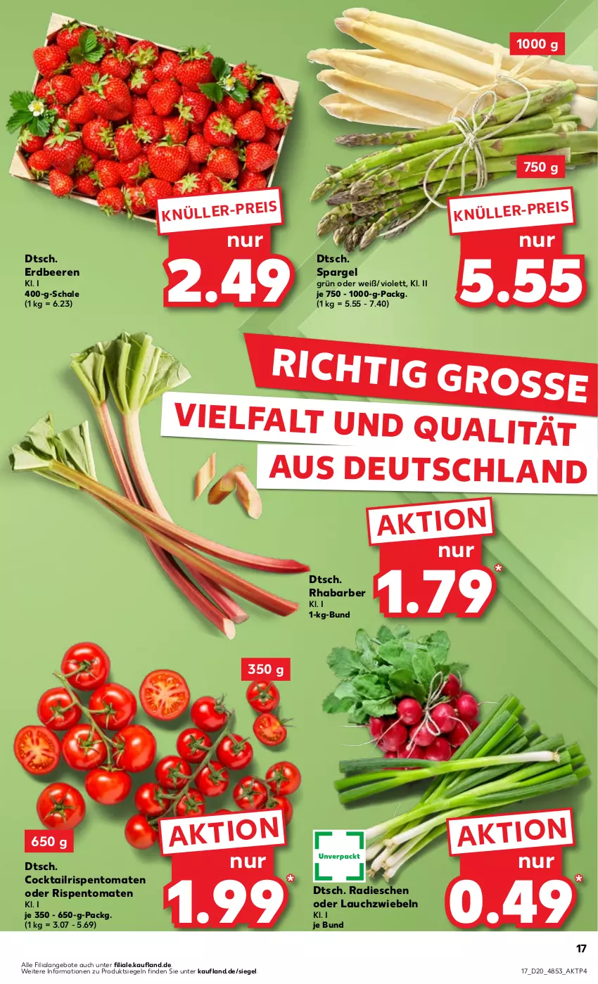 Aktueller Prospekt Kaufland - Prospekt - von 16.05 bis 22.05.2024 - strona 17 - produkty: angebot, angebote, beere, beeren, cocktail, eis, erdbeere, erdbeeren, Lauchzwiebel, lauchzwiebeln, radieschen, rhabarber, rispentomaten, Schal, Schale, spargel, spargel grün, Ti, tomate, tomaten, zwiebel, zwiebeln