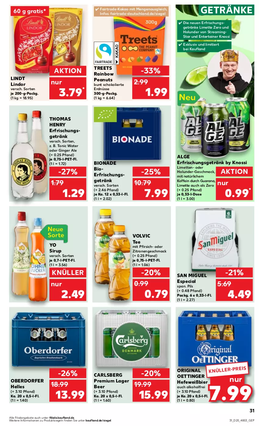 Aktueller Prospekt Kaufland - Prospekt - von 16.05 bis 22.05.2024 - strona 31 - produkty: alkohol, angebot, angebote, bier, bio, bionade, carlsberg, eis, elle, ente, erdnüsse, erfrischungsgetränk, erfrischungsgetränke, getränk, getränke, gin, ginger, ginger ale, Hefe, holunder, kakao, LG, limette, limetten, lindor, lindt, mac, Mett, metten, oettinger, pfirsich, pils, Rana, schoko, sirup, tee, thomas henry, Ti, tonic, tonic water, volvic, Yo, zitrone, zitronen