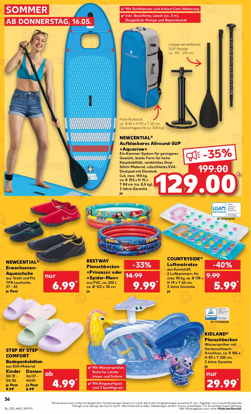 Aktueller Prospekt Kaufland - Prospekt - von 16.05 bis 22.05.2024 - strona 36 - produkty: angebot, angebote, aqua, Bad, bestway, Brei, fenster, Garten, gartenschlauch, Kinder, kissen, luftmatratze, matratze, pantolette, pantoletten, planschbecken, Ria, ring, rucksack, sac, schlauch, schuhe, spider-man, Ti, wasser, ZTE