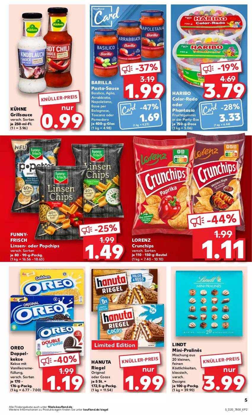 Aktueller Prospekt Kaufland - Prospekt - von 16.05 bis 22.05.2024 - strona 5 - produkty: angebot, angebote, arrabbiata, barilla, basilico, beutel, bolognese, chips, cocos, creme, crunchips, Doppelkekse, eis, frucht, fruchtgummi, fruchtgummis, gin, grill, grillsauce, hanuta, haribo, keks, kekse, Kühne, leine, lindt, linsen, lorenz, lorenz crunchips, oreo, pasta, pasta-sauce, riegel, sauce, Ti, vanille