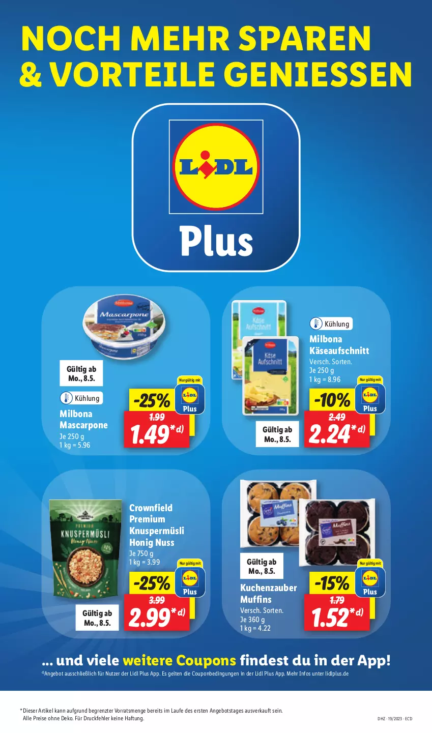 Aktueller Prospekt Lidl - Aktionsprospekt - von 08.05 bis 13.05.2023 - strona 17 - produkty: angebot, aufschnitt, Bona, coupon, coupons, eis, honig, Käse, Knuspermüsli, kuchen, mascarpone, Milbona, Muffin, muffins, müsli, nuss, reis, Ti, ZTE