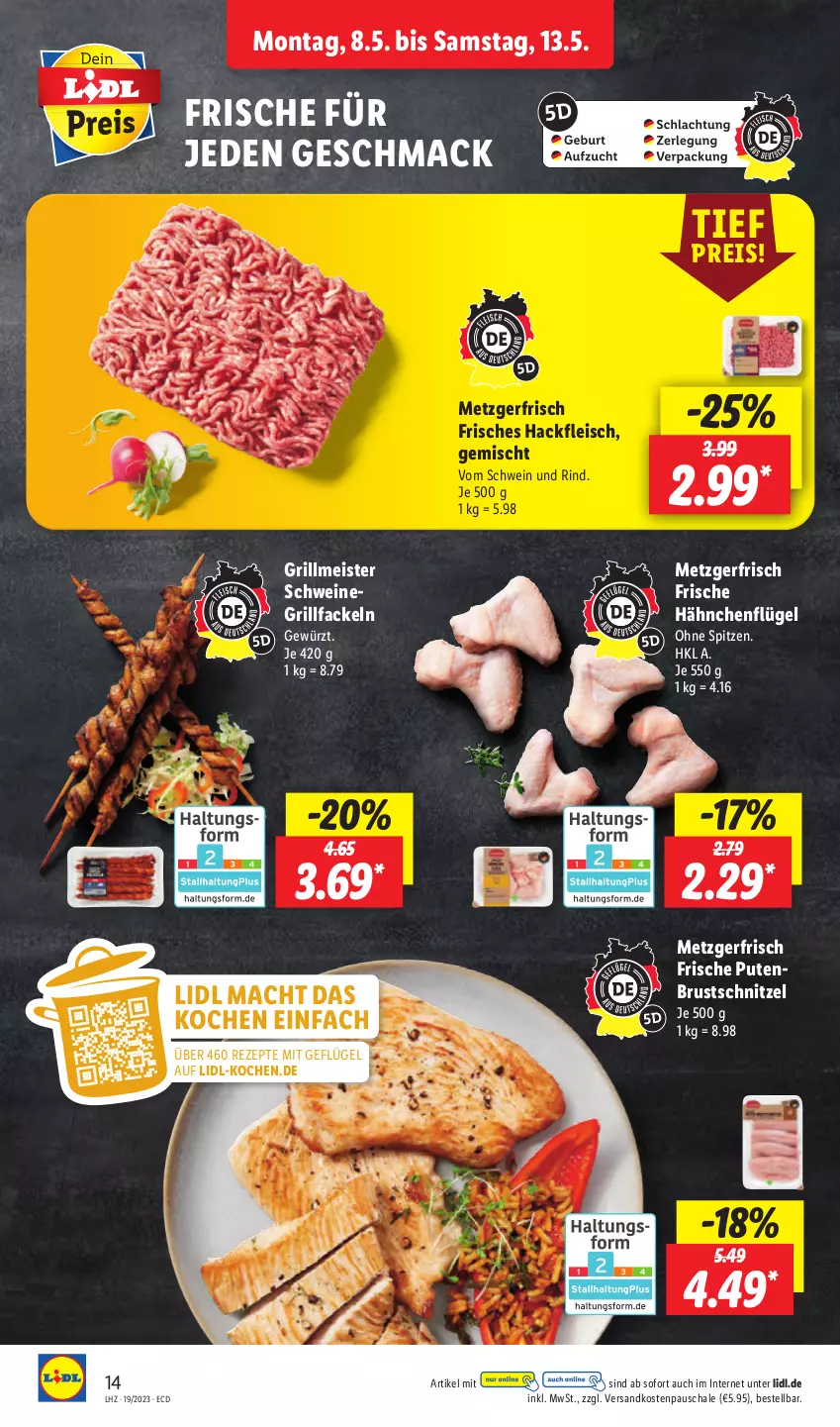 Aktueller Prospekt Lidl - Aktionsprospekt - von 08.05 bis 13.05.2023 - strona 18 - produkty: eis, fleisch, Frische Hähnchen, Geflügel, gewürz, grill, grillfackeln, hackfleisch, hähnchenflügel, mac, Meister, ndk, pute, putenbrust, reis, rezept, rezepte, rind, Schal, Schale, schnitzel, schwein, schwein und rind, schweine, Ti, vom schwein und rind, wein, weine