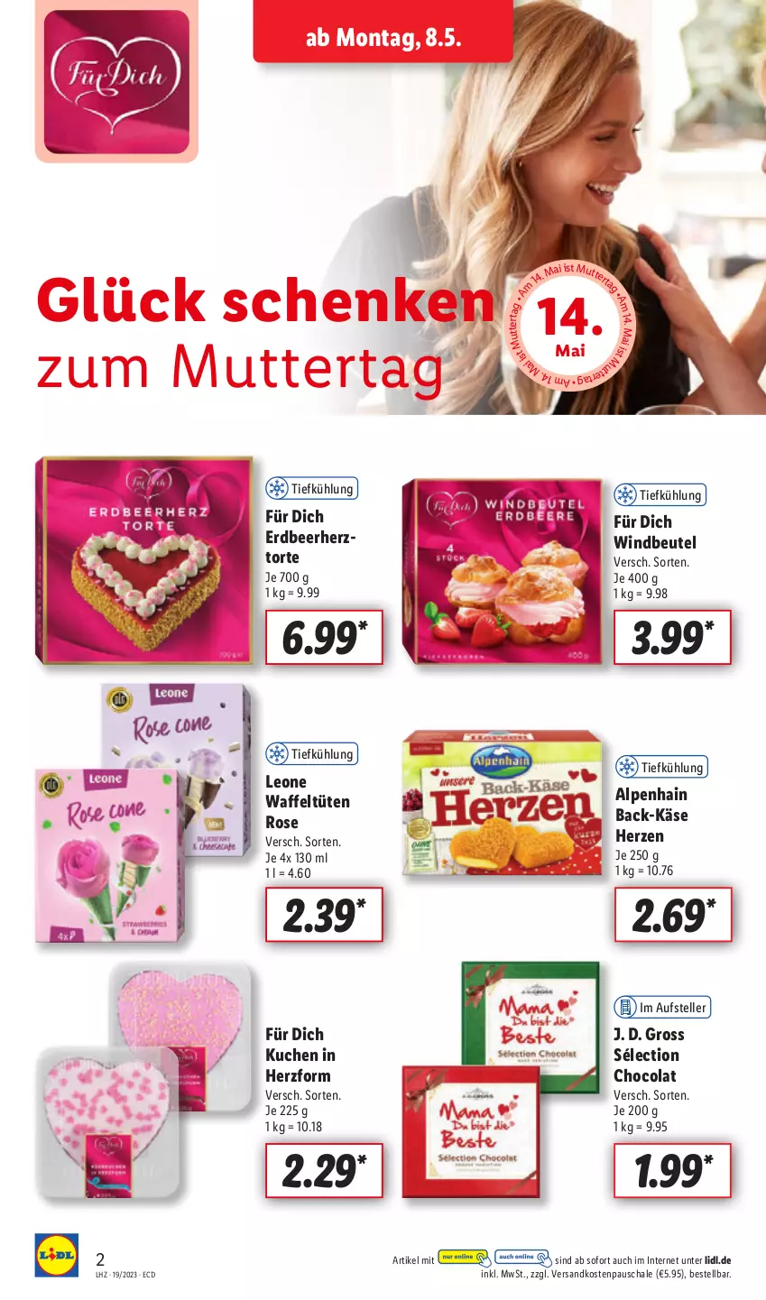 Aktueller Prospekt Lidl - Aktionsprospekt - von 08.05 bis 13.05.2023 - strona 2 - produkty: Alpenhain, beutel, cola, elle, Käse, kuchen, ndk, Schal, Schale, teller, Ti, torte, Tüte, Windbeutel