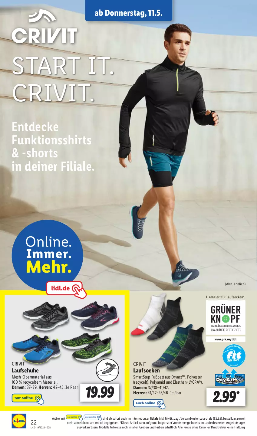 Aktueller Prospekt Lidl - Aktionsprospekt - von 08.05 bis 13.05.2023 - strona 26 - produkty: angebot, bett, crivit, decke, dell, eis, elle, funktionsshirt, Laufschuhe, Laufsocken, Mode, ndk, reis, Ria, Schal, Schale, schuhe, shirt, shirts, shorts, socken, Ti, ZTE