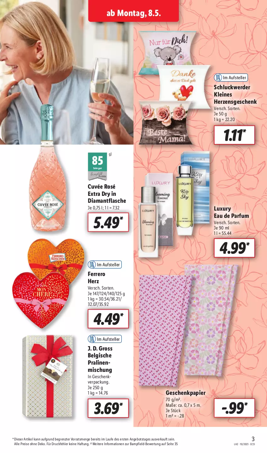 Aktueller Prospekt Lidl - Aktionsprospekt - von 08.05 bis 13.05.2023 - strona 3 - produkty: angebot, Belgische Pralinen, cuvée, Eau de parfum, eis, elle, erde, ferrero, flasche, Geschenkpapier, leine, LG, papier, parfum, pralinen, reis, teller, Ti, ZTE