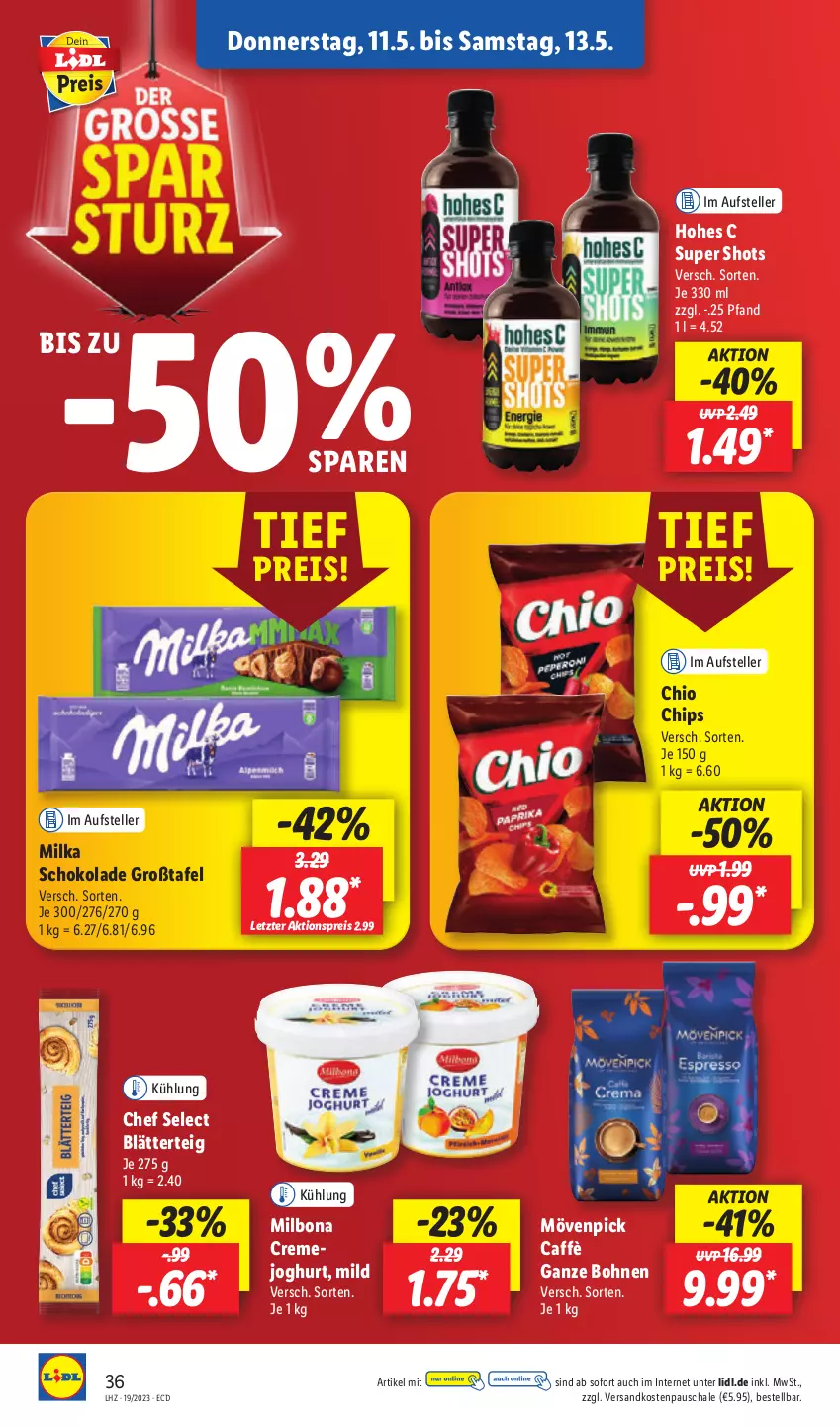 Aktueller Prospekt Lidl - Aktionsprospekt - von 08.05 bis 13.05.2023 - strona 42 - produkty: aktionspreis, blätterteig, bohne, bohnen, Bona, chio chips, chips, creme, eis, elle, Hohes C, joghur, joghurt, Milbona, milka, milka schokolade, mövenpick, ndk, reis, Schal, Schale, schoko, schokolade, teller, Ti, ZTE