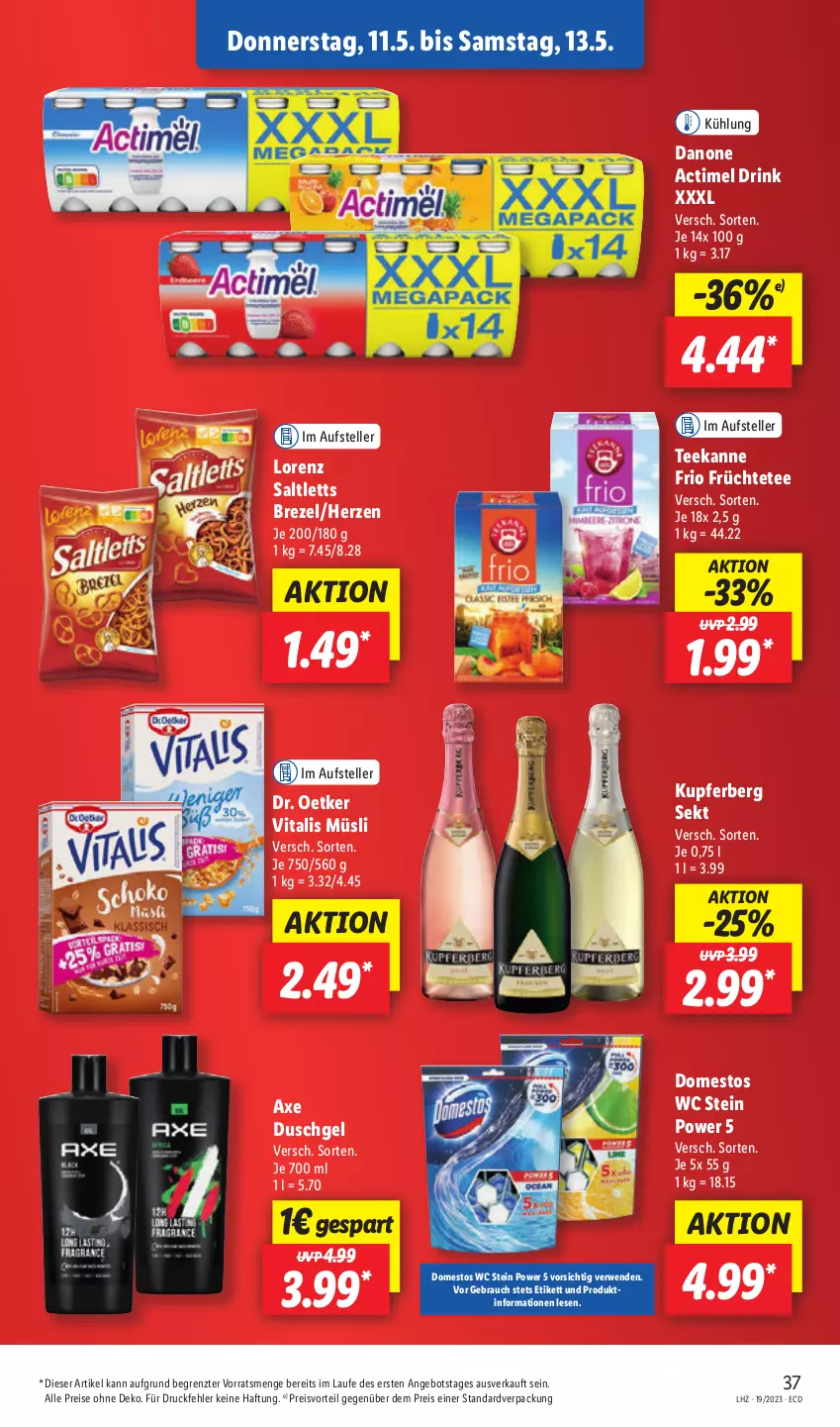 Aktueller Prospekt Lidl - Aktionsprospekt - von 08.05 bis 13.05.2023 - strona 43 - produkty: actimel, actimel drink, angebot, axe, axe duschgel, brezel, danone, danone actimel drink, domestos, Dr. Oetker, drink, duschgel, eis, elle, früchte, Früchtetee, lorenz, müsli, preisvorteil, Rauch, reis, rwe, saltletts, sekt, tee, teekanne, teller, Ti, vita, vitalis, vitalis müsli, ZTE