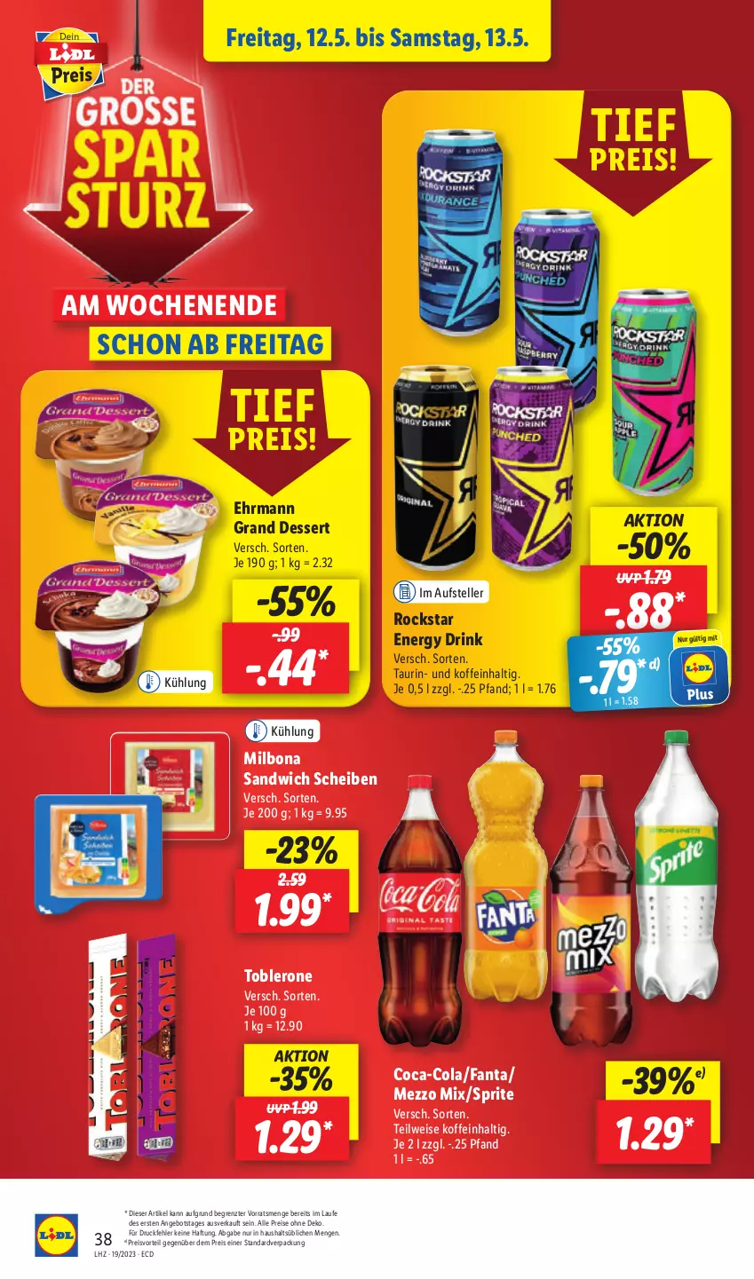 Aktueller Prospekt Lidl - Aktionsprospekt - von 08.05 bis 13.05.2023 - strona 44 - produkty: angebot, Bona, coca-cola, cola, dessert, drink, drucker, ehrmann, Ehrmann Grand Dessert, eis, elle, energy drink, Engel, fanta, kerze, Mezzo Mix, Milbona, papier, preisvorteil, reis, Rockstar, sandwich, sprite, teller, Ti, toblerone, ZTE