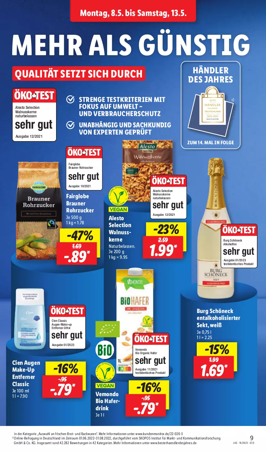 Aktueller Prospekt Lidl - Aktionsprospekt - von 08.05 bis 13.05.2023 - strona 9 - produkty: alesto, alkohol, backwaren, bio, braun, brot, Cien, discount, drink, erde, hafer, Haferdrink, LG, Make-up, monitor, natur, nuss, Rauch, rohrzucker, sac, sekt, Ti, tisch, walnuss, walnusskerne, zucker