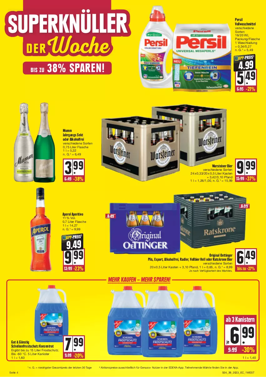 Aktueller Prospekt Edeka - Angebote der Woche - von 25.09 bis 30.09.2023 - strona 4 - produkty: aktionspreis, alkohol, aperol, bier, deka, eis, flasche, gin, krone, mumm, nuss, oettinger, persil, pils, radler, reis, Scheibenfrostschutz, sekt, steiner, Ti, vollwaschmittel, warsteiner, waschmittel, ZTE