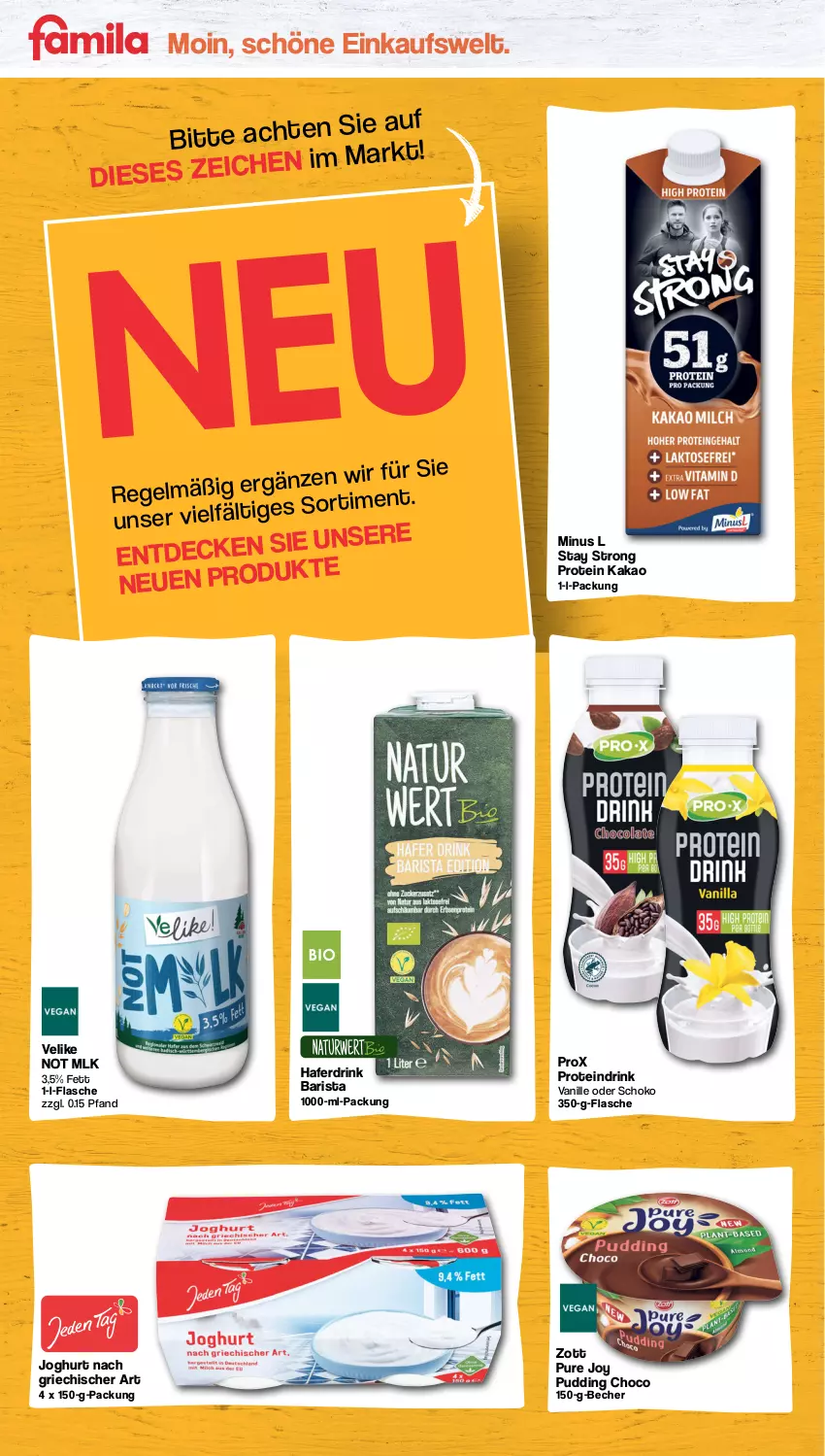 Aktueller Prospekt Famila - Prospekte - von 30.10 bis 04.11.2023 - strona 1 - produkty: Becher, decke, drink, flasche, hafer, Haferdrink, joghur, joghurt, joghurt nach, kakao, Proteindrink, pudding, schoko, vanille, zott