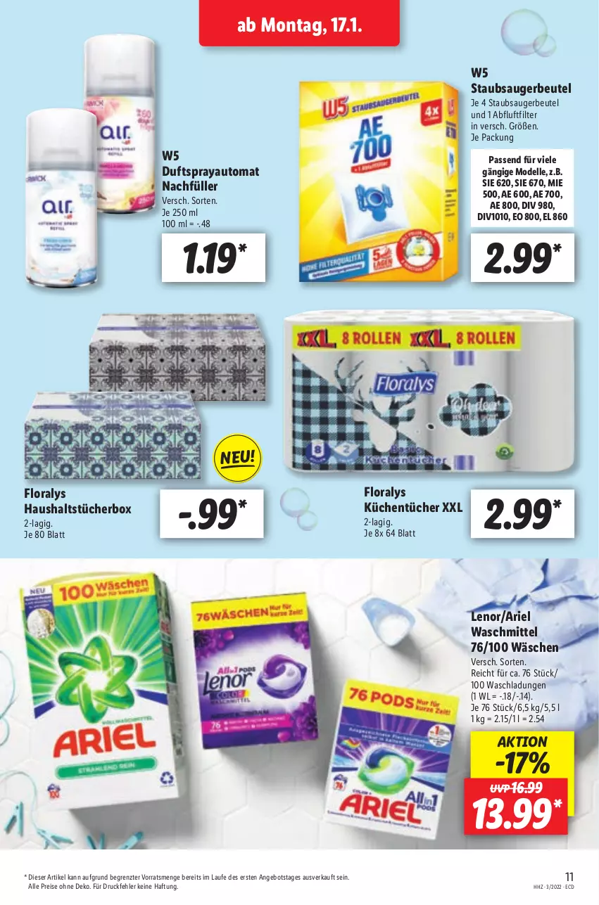 Aktueller Prospekt Lidl - Aktionsprospekt - von 17.01 bis 22.01.2022 - strona 11 - produkty: angebot, ariel, ariel waschmittel, auto, beutel, dell, Duftspray, eis, elle, Floralys, haushaltstücher, küche, Küchen, küchentücher, lenor, Mode, reis, staubsauger, staubsaugerbeutel, Ti, tücher, waschmittel, ZTE