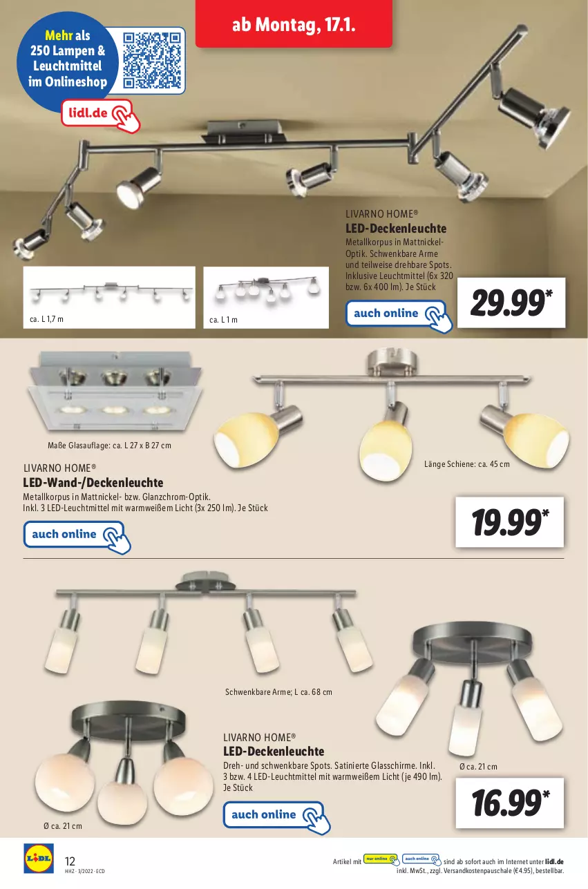 Aktueller Prospekt Lidl - Aktionsprospekt - von 17.01 bis 22.01.2022 - strona 12 - produkty: decke, deckenleuchte, eis, Lampe, led-deckenleuchte, Leuchte, leuchtmittel, ndk, Schal, Schale, schirme, Ti