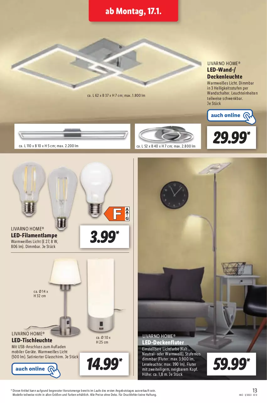 Aktueller Prospekt Lidl - Aktionsprospekt - von 17.01 bis 22.01.2022 - strona 13 - produkty: angebot, decke, deckenfluter, deckenleuchte, dell, eis, elle, Lampe, led-tischleuchte, Leuchte, Mode, reis, Schal, Ti, tisch, tischleuchte, usb, ZTE